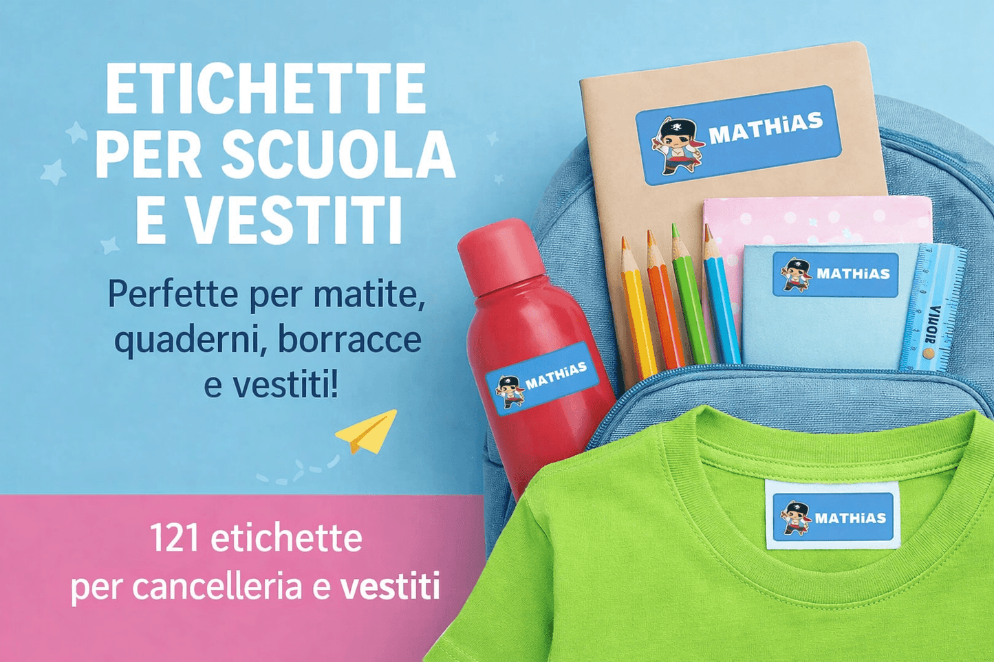 121 Etichette Scuola per Matite e Vestiti